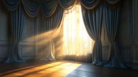 Capture the enchanting moment of sunlight streaming through elegant drapes, illuminating a timeless luxurious room with warm tones. Perfect for interior design.の素材