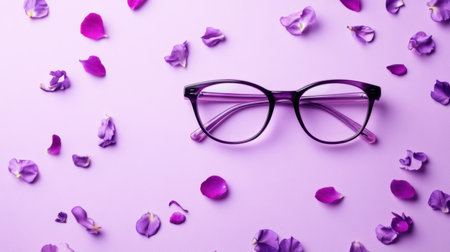 A pair of stylish eyeglasses rests elegantly on a soft lavender background adorned with scattered purple petals, perfect for fashion and design projects.の素材