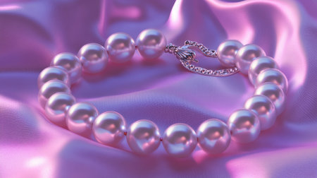 This stunning pink pearl necklace rests gracefully on soft satin fabric, showcasing a luxurious design that captures elegance and beauty.の素材