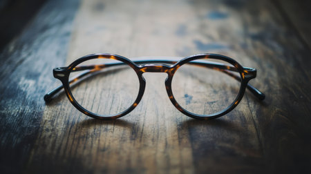 This image features classic round eyeglasses resting on a rustic wooden surface, highlighting their timeless design and vintage appeal. Perfect for fashion and lifestyle contexts.の素材