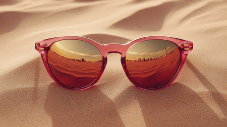 A fashionable pair of pink sunglasses rests on soft desert sand, reflecting a scenic beach and brilliant sunlight, perfect for summer adventures.の素材
