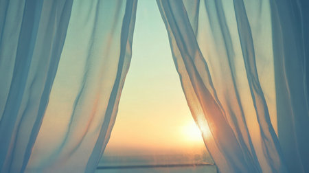 A pair of soft curtains gently part to unveil a serene sunrise, casting warm light on the tranquil landscape outside the window. Ideal for interior and nature themes.の素材