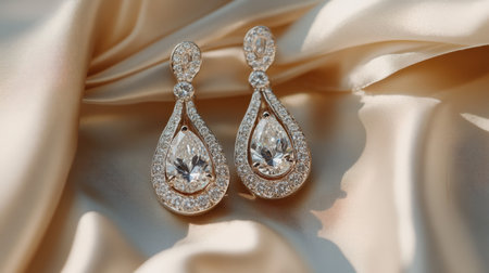 Discover the beauty of these elegant teardrop earrings adorned with sparkling diamonds, beautifully displayed on luxurious satin fabric for a stunning visual appeal.の素材