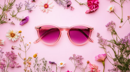 A pair of stylish pink sunglasses rests on a soft pink background, surrounded by an array of fresh, vibrant flowers, perfect for fashion or lifestyle use.の素材