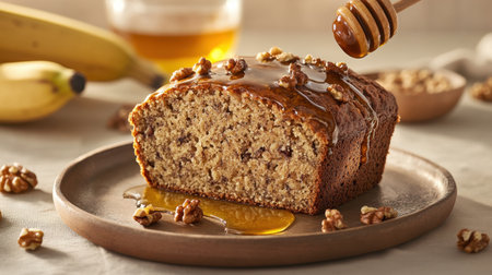 A mouthwatering banana nut cake drizzled with golden honey, showcasing walnuts on a rustic plate, perfect for dessert or breakfast gatherings.の素材