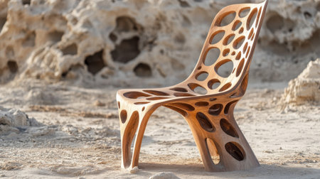 This image features a striking modern wooden chair with an organic design, beautifully placed in a natural outdoor setting, showcasing craftsmanship and artistic style.の素材