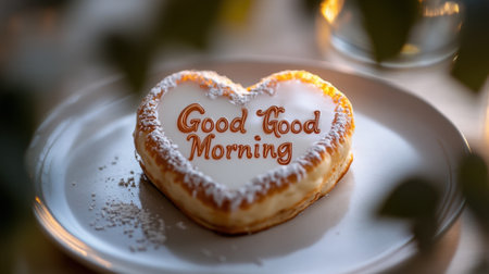 A delightful heart-shaped pastry sits elegantly on a plate, adorned with creamy icing and a warm morning greeting. Ideal for breakfast moments.の素材