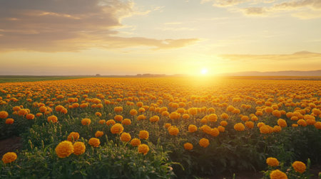 A stunning view of a vibrant marigold field during sunset, showcasing bright orange flowers under a beautiful sky with tranquil scenery.の素材
