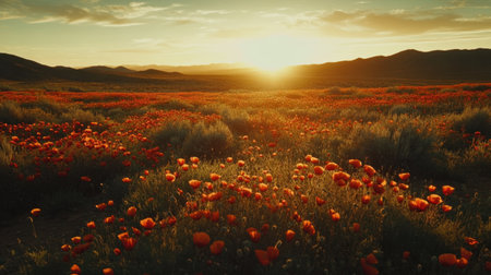 A stunning view of vibrant poppy fields illuminated by a golden sunset, surrounded by distant mountains and a soft cloud-streaked sky.の素材