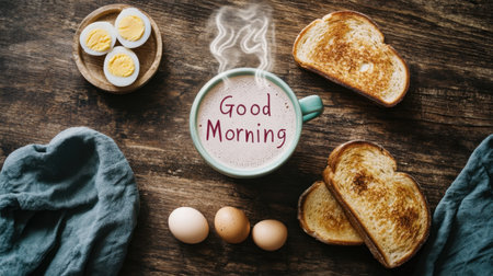 A cozy morning scene featuring a cup of coffee topped with "Good Morning," toasted bread, and boiled eggs on a rustic wooden table. Ideal for breakfast themes.の素材