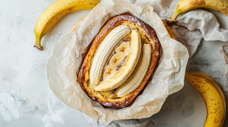 This image showcases a freshly baked banana bread topped with sliced bananas, placed on a light background with additional ripe bananas. Perfect for food lovers.の素材