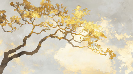 A captivating image of a golden tree branch against a soft gray sky, showcasing artistic cloud patterns and highlighting serene natural beauty.の素材