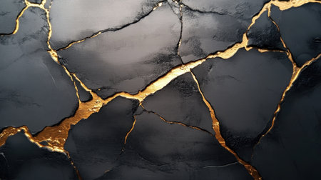 This elegant abstract background features a striking black surface with intricate gold cracks, ideal for artistic designs and luxury concepts.の素材