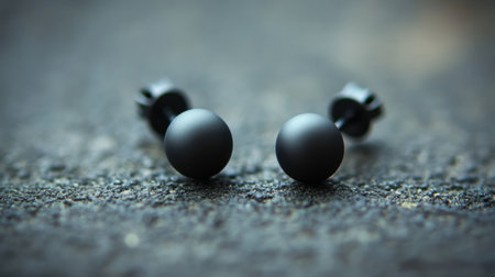 Matched pair of elegant matte black stud earrings sits on a textured background, embodying a modern and minimalist aesthetic perfect for any occasion.の素材