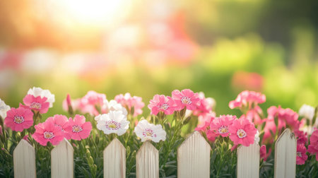 A stunning view of pink and white flowers blooming near a white wooden fence, illuminated by warm sunlight during the golden hour. Perfect for nature lovers.の素材