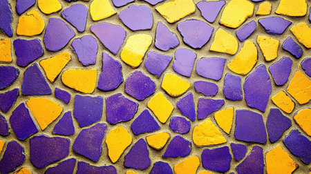 This image showcases a stunning mosaic of yellow and purple stones arranged in a random pattern. The unique textures and vibrant colors make it perfect for artistic projects or as a decorative background element.の素材