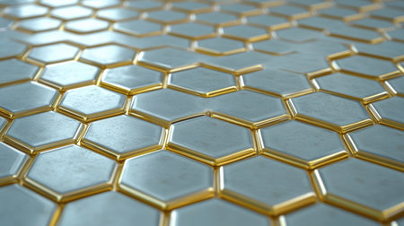 A close-up view of shiny metallic hexagonal tiles featuring reflective surfaces and golden accents, perfect for modern design projects and creative backgrounds.の素材