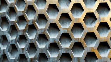 This image features a detailed close-up of an intricate honeycomb pattern in metal. Subtle textures and unique lighting enhance its industrial aesthetic, making it ideal for backgrounds.の素材
