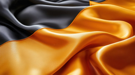 This image showcases a beautiful black and gold silk fabric gracefully draped, highlighting its luxurious texture and sheen. Ideal for fashion and design.の素材