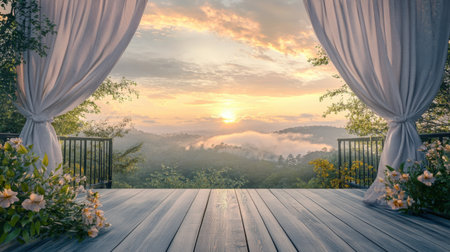 A stunning view from a cozy balcony featuring vibrant flowers and a breathtaking sunrise over misty mountains. Perfect for nature lovers.の素材
