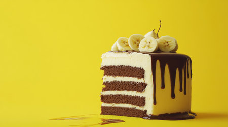 This vibrant image showcases a decadent slice of chocolate banana cake topped with creamy frosting and fresh banana slices against a lively yellow backdrop, perfect for dessert lovers.の素材