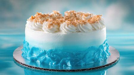 This stunning cake features ocean-blue frosting and a creamy top adorned with coconut flakes, ideal for summer festivities and gatherings.の素材