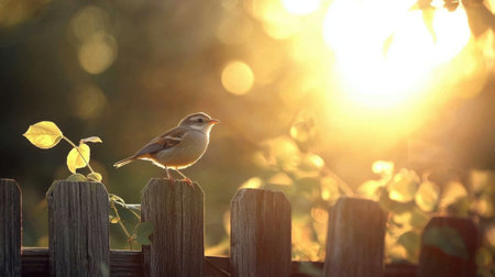 A charming songbird perched on a rustic fence, basking in the golden light of sunset, surrounded by soft foliage and tranquil beauty, embodying nature's peace.の素材