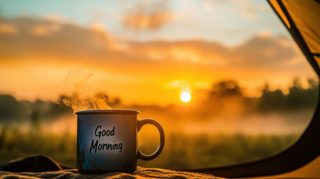 Enjoy a serene morning scene with a steaming coffee mug set against a breathtaking sunrise in a tranquil camping environment.の素材