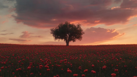 A breathtaking scene featuring a solitary tree standing majestically in a vibrant poppy field during a stunning sunset, with dramatic clouds enhancing the tranquility.の素材