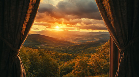 A captivating sunset illuminates rolling hills and dense forests, framed perfectly by soft curtains in a cozy mountain retreat, creating a serene atmosphere.の素材