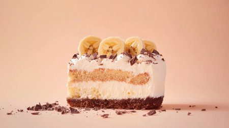 This delightful banana cake features rich cream icing topped with fresh sliced bananas and chocolate crumbles, set against a soft pink background, perfect for any dessert lover.の素材