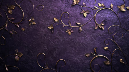 This stunning image features an elegant floral pattern with delicate gold vines and leaves on a luxurious purple background, perfect for various design projects.の素材