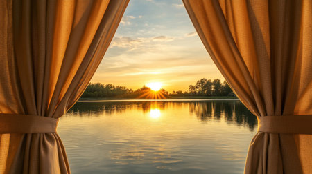 A breathtaking sunrise view framed by soft curtains reveals a calm lake, showcasing golden reflections on the water, evoking tranquility and peace.の素材