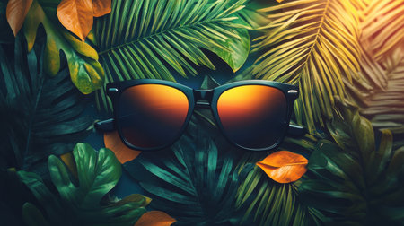 A stunning pair of stylish sunglasses elegantly placed on a vibrant arrangement of tropical leaves, evoking a sense of warmth and relaxation. Perfect for summer vibes.の素材