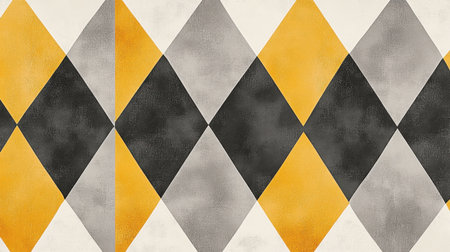 This vibrant geometric pattern features a visually striking arrangement of diamonds in yellow, gray, black, and white. Ideal for various design projects.の素材