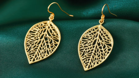 A stunning pair of gold leaf earrings resting on smooth green satin fabric. Ideal for fashion enthusiasts and nature lovers seeking elegant jewelry options.の素材