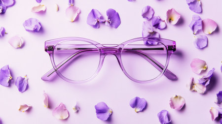 A striking image of stylish purple eyeglasses set amidst a scattering of colorful flower petals. The soft background emphasizes the artistic flair and beauty of the design, perfect for fashion and lifestyle themes.の素材