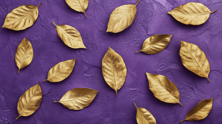This stock image features beautifully arranged golden leaves on a vibrant purple surface, perfect for artistic projects or creative backgrounds.の素材