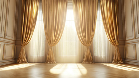 This image showcases a beautifully decorated interior featuring golden drapes, offering an elegant atmosphere illuminated by soft sunlight from large windows.の素材