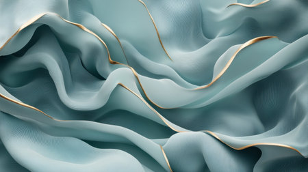 This captivating image features elegant flowing fabric in soft blue and green hues, adorned with delicate gold accents, creating a tranquil and sophisticated visual.の素材
