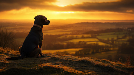 A serene image of a dog sitting atop a hill, gazing at a stunning sunset, capturing the beauty of nature and the calmness of the moment.の素材