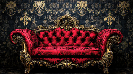 A stunning red velvet couch features ornate gold detailing, perfectly set against a stylish black patterned wallpaper for a luxurious interior.の素材