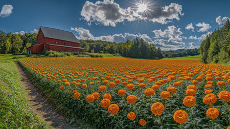 A stunning view of a marigold flower field bursting with orange blooms, set against a red barn and a bright blue sky filled with fluffy clouds.の素材