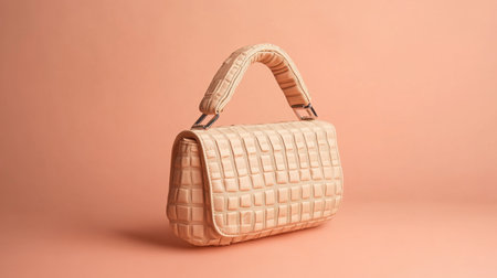 This stylish beige handbag features a unique textured design, perfect as a fashion accessory against a soft coral background, adding elegance and charm.の素材