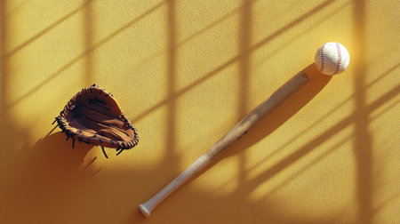 This image showcases a baseball glove, bat, and ball arranged on a bright yellow surface, casting long shadows. The vibrant colors and strong lighting emphasize the energy of the sport.の素材