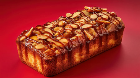 This stunning almond cake features a rich caramel drizzle and crunchy almond slices, presented on a striking red background, perfect for food photography.の素材