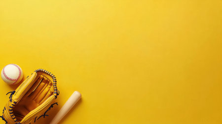 A vibrant yellow background showcases essential baseball equipment including a glove, ball, and bat, perfect for sports-related projects and marketing efforts.の素材