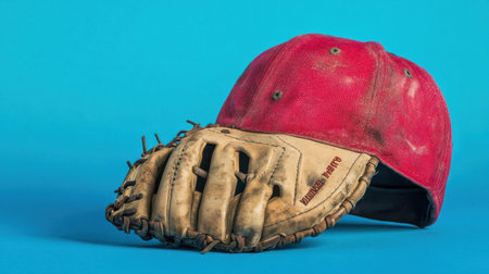 This image showcases a vintage baseball cap resting atop a worn leather glove, set against a vivid blue background, ideal for sports-themed designs.の素材