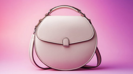 A stylish round handbag displayed against a soft gradient background. This elegant accessory combines modern design with timeless appeal, perfect for any occasion.の素材
