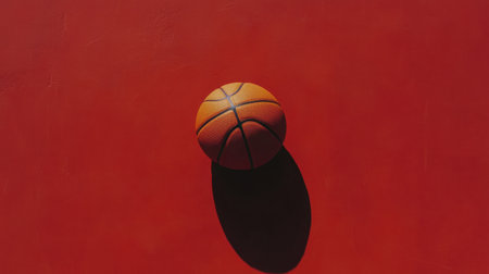 This image showcases an orange basketball resting on a vibrant red surface. The interplay of light and shadow creates a dynamic atmosphere, perfect for sports-related visual needs.の素材